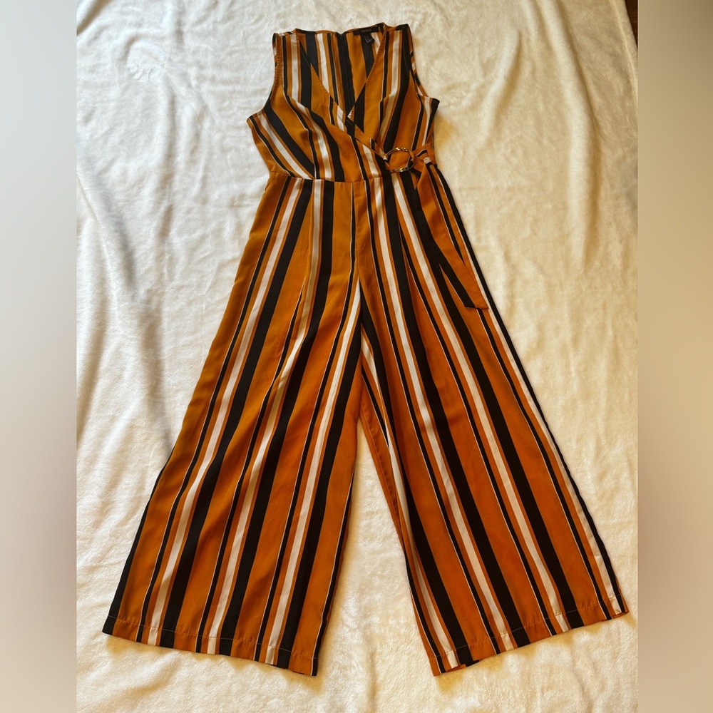Forever 21 Sleeveless Striped Wide-Leg Wrap Jumpsuit - Mustard, Black & White